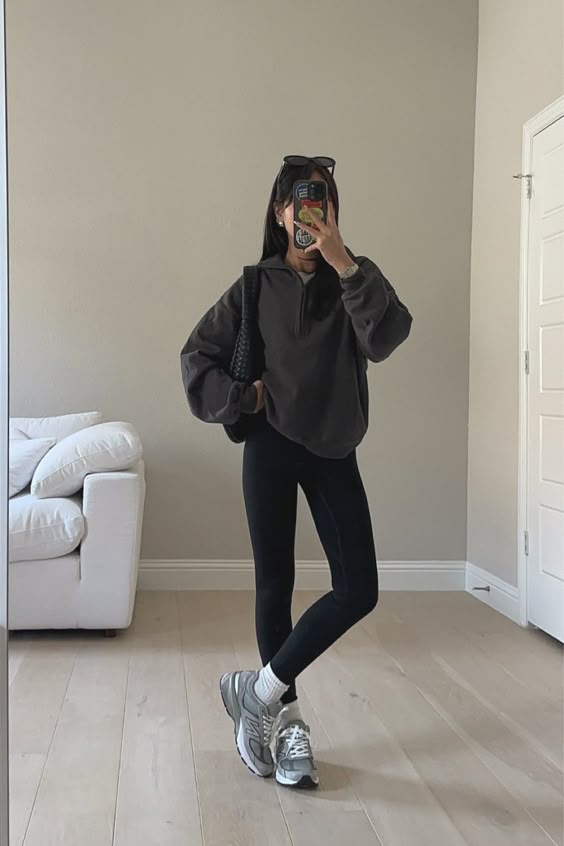 Half-Zip Hoodie with Leggings and New Balance 990v5 Outfit