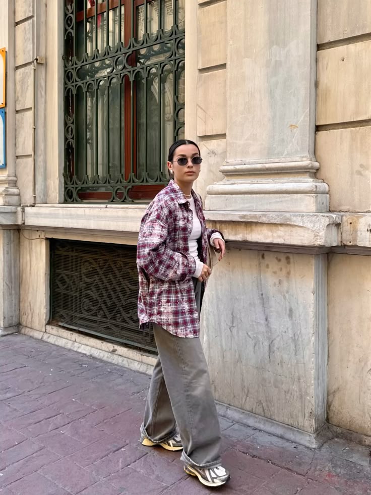 Plaid Overshirt and Wide-Leg Pants with New Balance 1906R