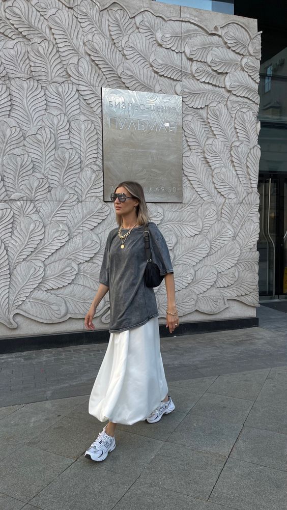 White Flowing Skirt with Oversized Tee and New Balance 530