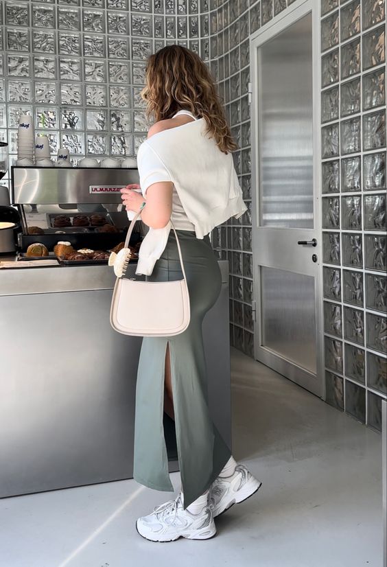 Olive Maxi Skirt with Soft Top and New Balance 530