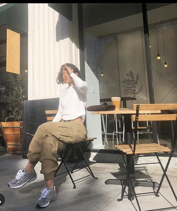 White Long Sleeve Top with Cargo Pants and New Balance 990v5 Outfit