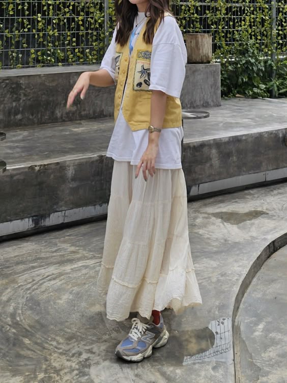 Tiered Maxi Skirt and Vest with New Balance 9060