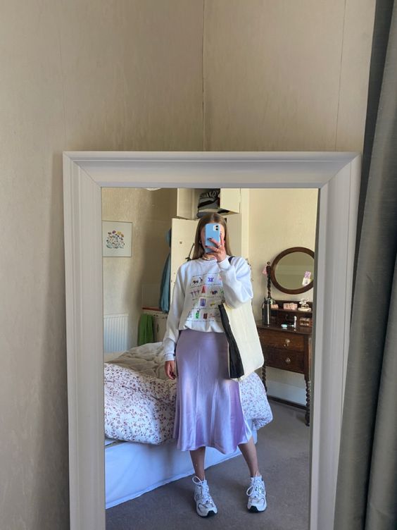 Satin Midi Skirt with Graphic Sweatshirt and New Balance 530