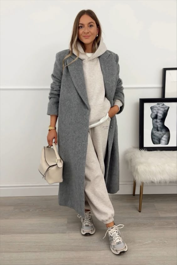 Grey Coat and Hoodie Set with New Balance 9060 Office Outfit