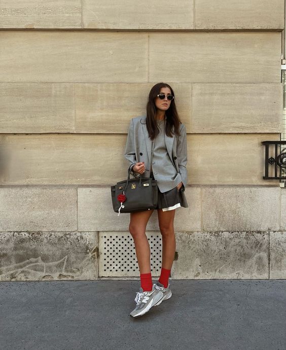 Oversized Blazer with Mini Skirt and New Balance 990v6
