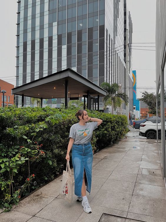 Denim Midi Skirt with Graphic Tee and New Balance 530