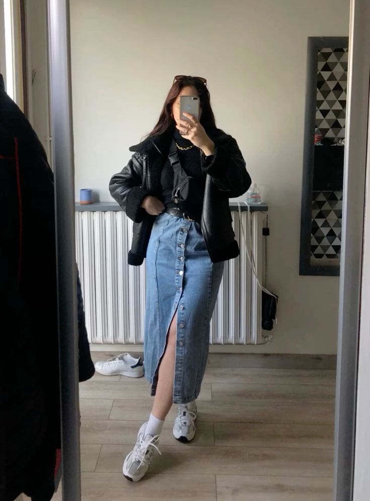 Button-Front Denim Skirt with Black Jacket and New Balance 530