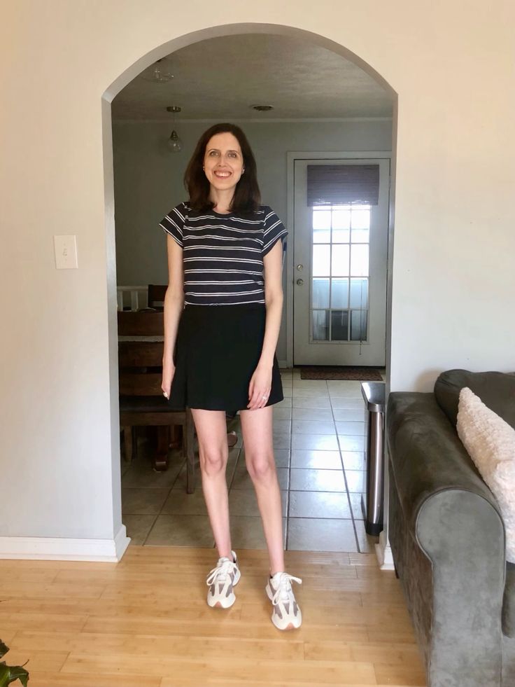Striped Tee with Black Mini Skirt and New Balance 327 Outfit