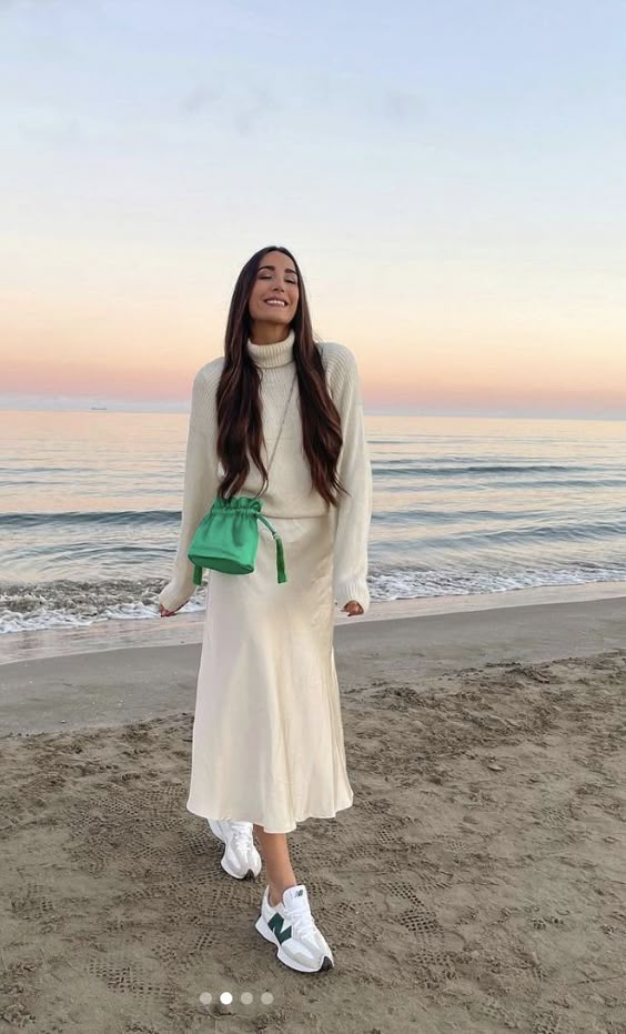 Cream Sweater with Satin Midi Skirt and New Balance 327 Outfit