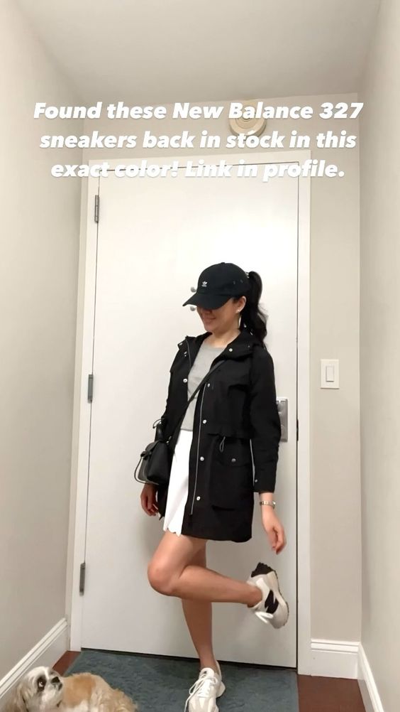 Sporty Jacket with Pleated Skirt and New Balance 327 Outfit