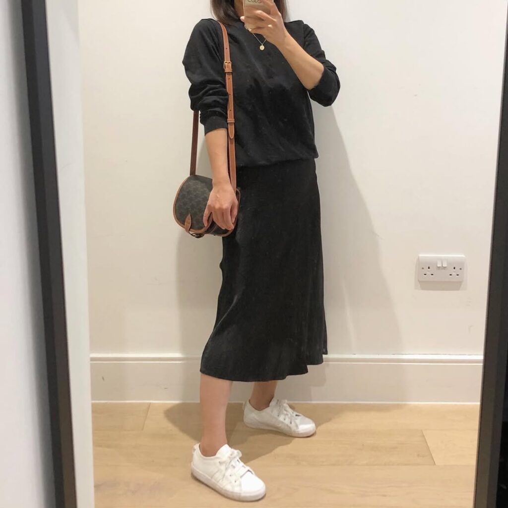 Black Sweater with Satin Skirt and Sneakers Outfit
