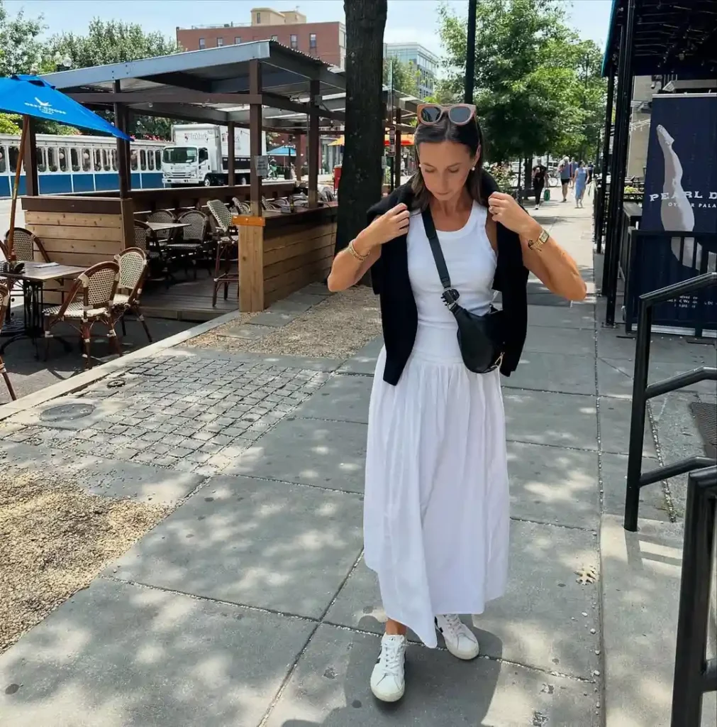 White Maxi Dress Style Skirt with Sneakers Outfit