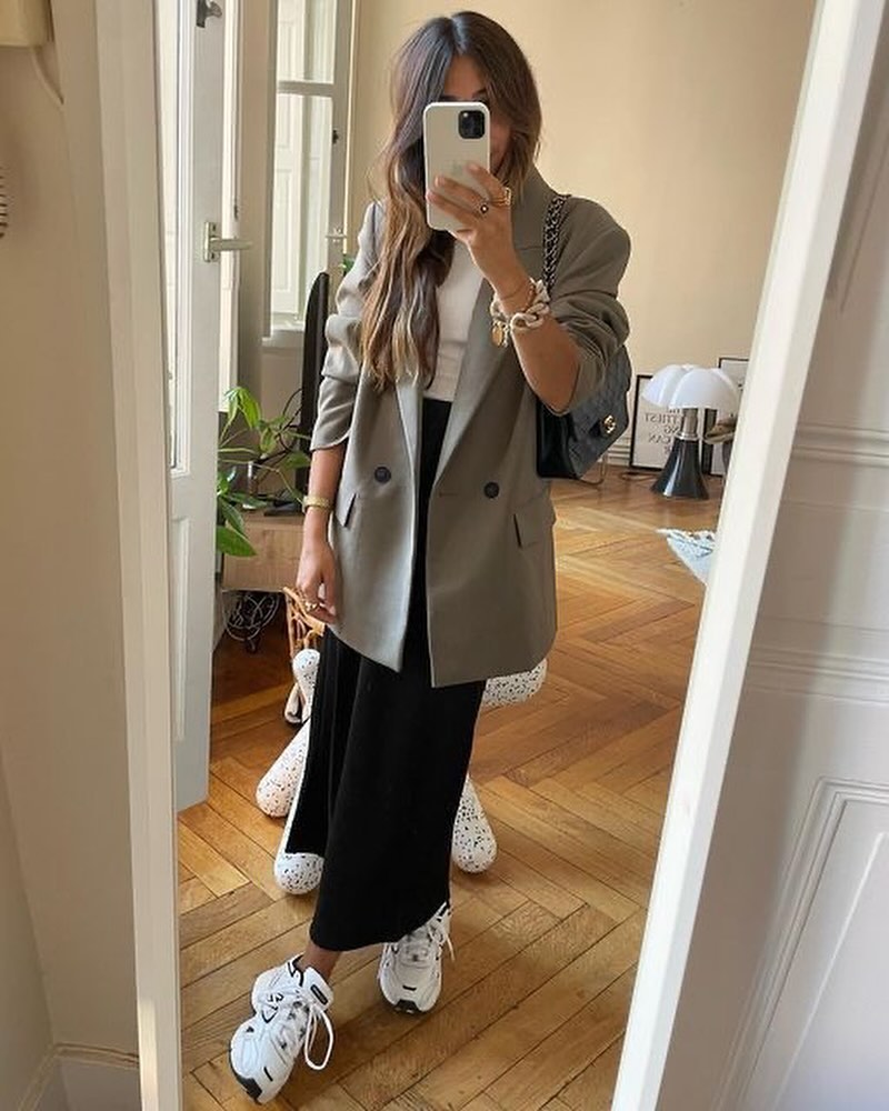 Neutral Blazer with Black Satin Skirt and Sneakers
