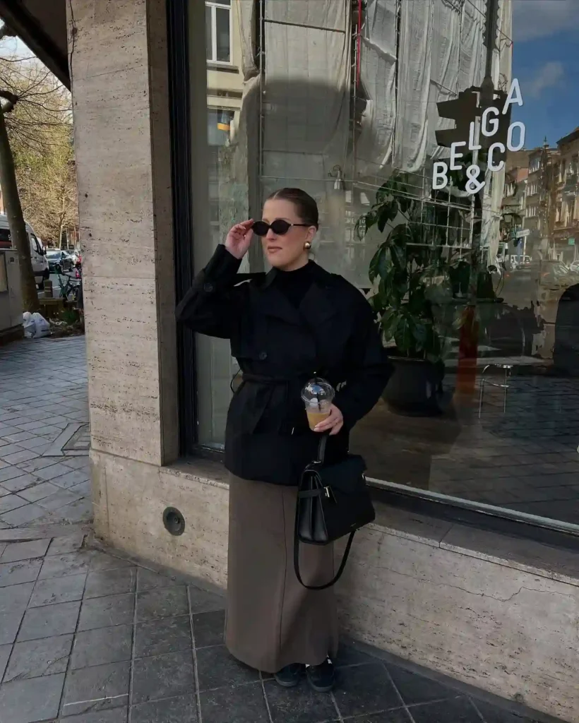 Minimal Neutral Maxi Skirt with Black Jacket and Sneakers Outfit