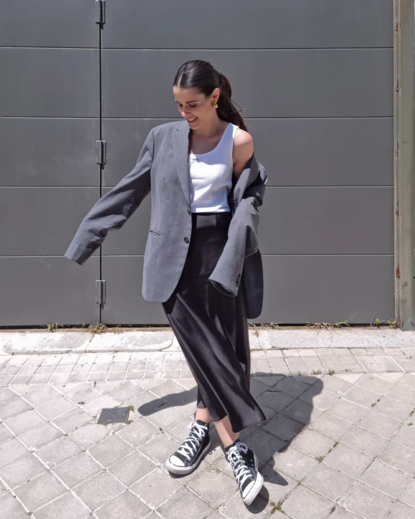 Oversized Blazer with Black Satin Skirt and Sneakers