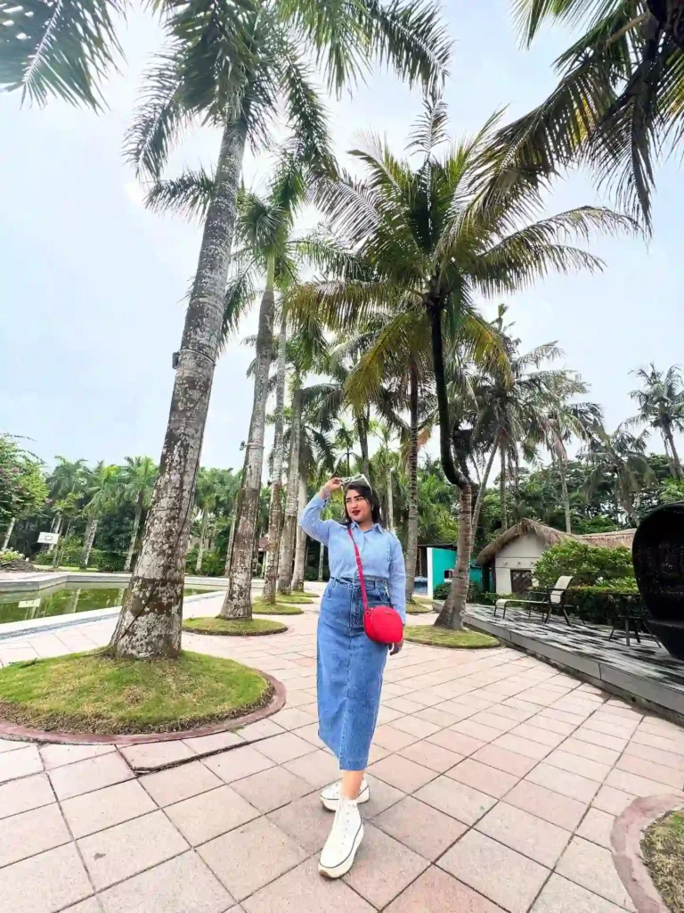Blue Shirt with Denim Midi Skirt and Sneakers