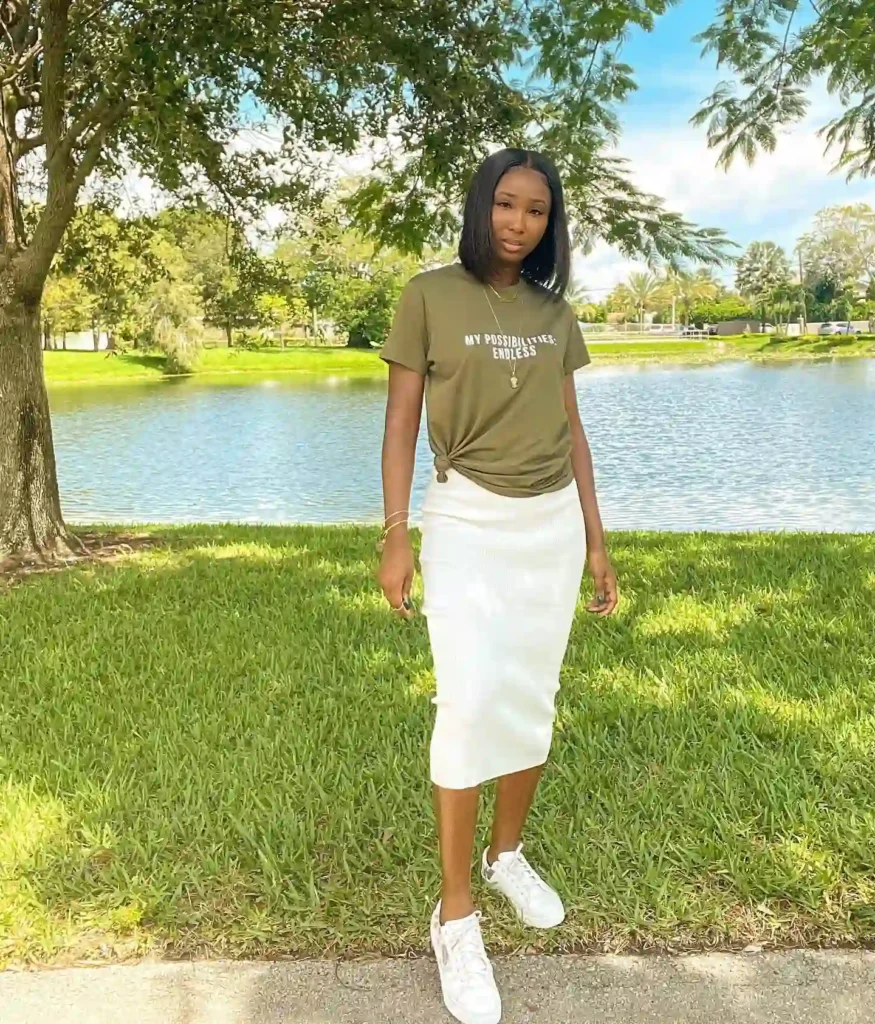 Olive Tee with White Pencil Skirt and Sneakers Outfit