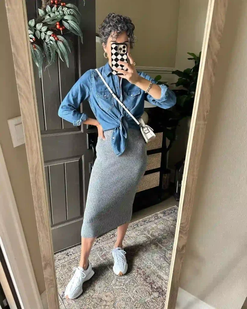 Denim Shirt with Knit Midi Skirt and New Balance 327 Outfit