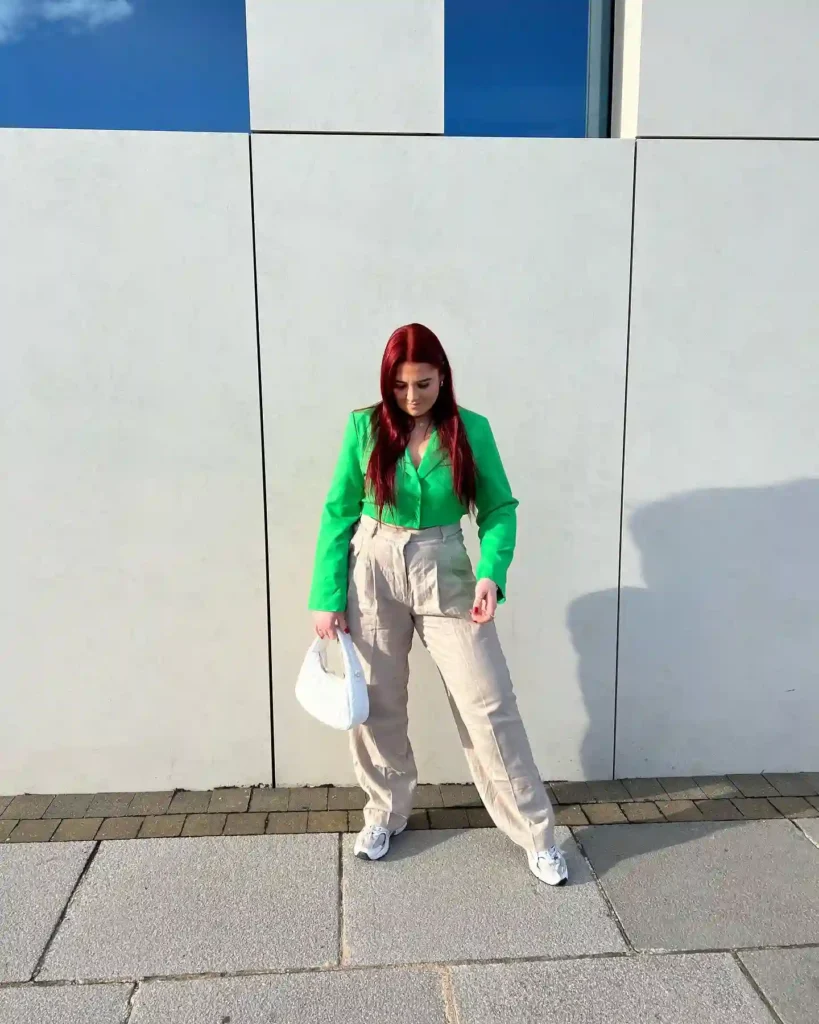 Green Blazer with Beige Pants and New Balance 530