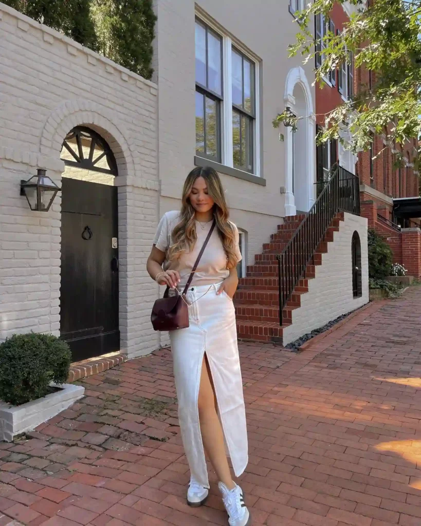 Beige Tee with White Denim Maxi Skirt and Sneakers