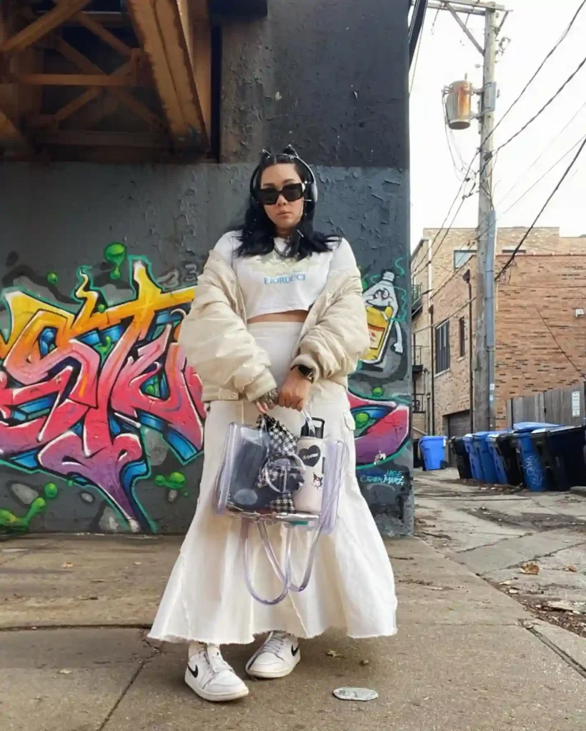 White Maxi Skirt with Street Style Jacket and Sneakers Outfit