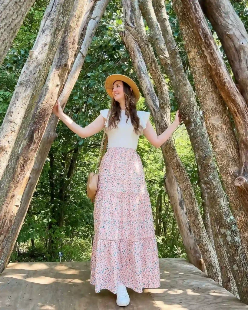 White Top with Floral Tiered Midi Skirt and Sneakers Outfit