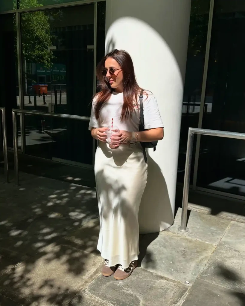 Cream Satin Maxi Skirt with White Tee and Sneakers Outfit