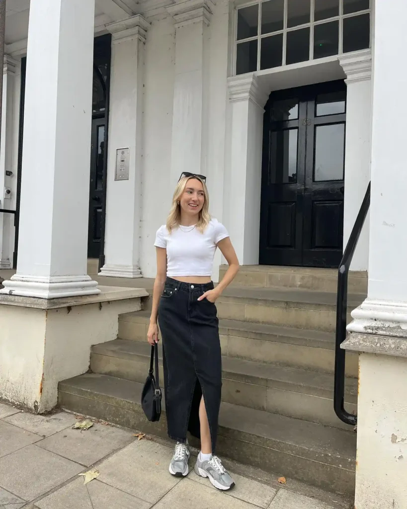 White Crop Top with Black Midi Skirt and Sneakers Outfit