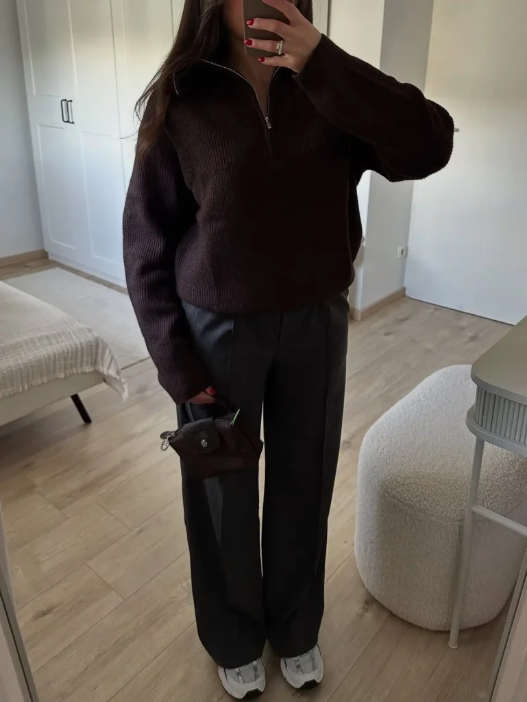 Brown Sweater with Wide Trousers and New Balance 530