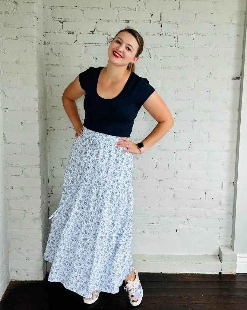 Floral Maxi Skirt with Black Tee and Sneakers Outfit