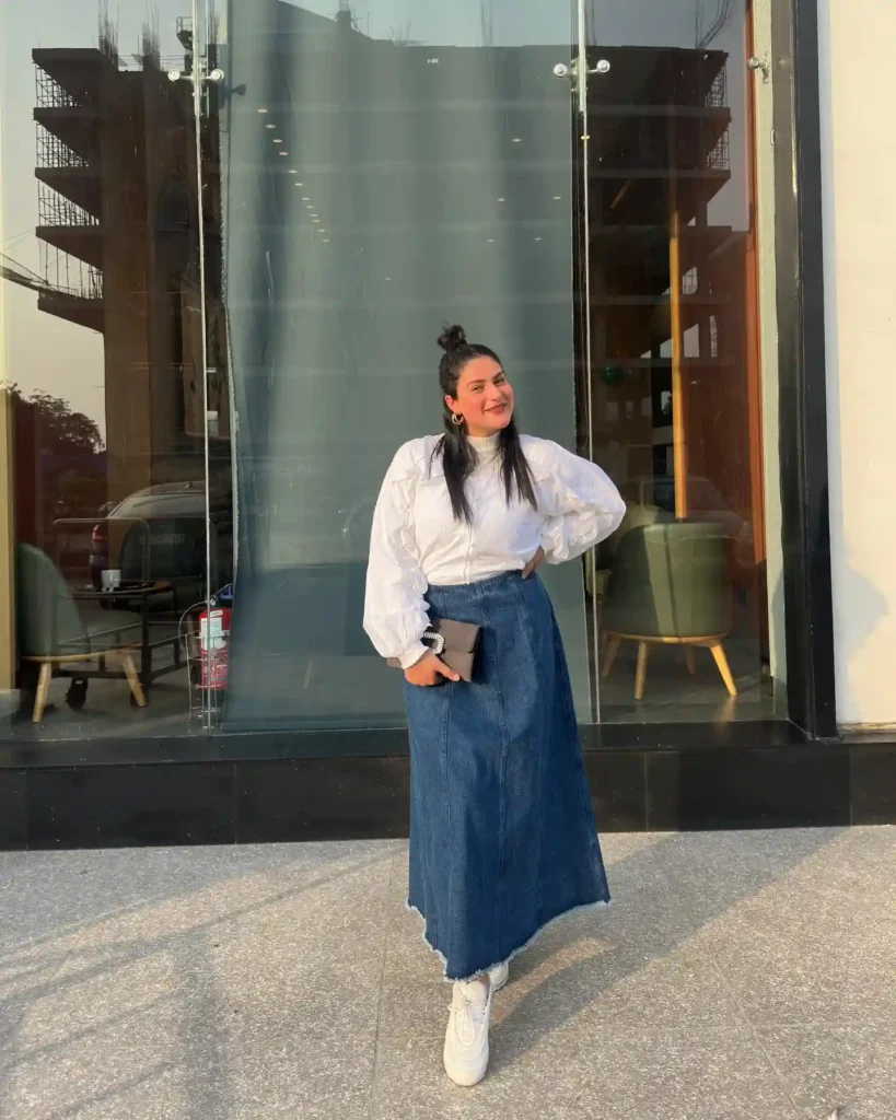 Puff Sleeve White Blouse with Dark Denim Maxi Skirt and Sneakers
