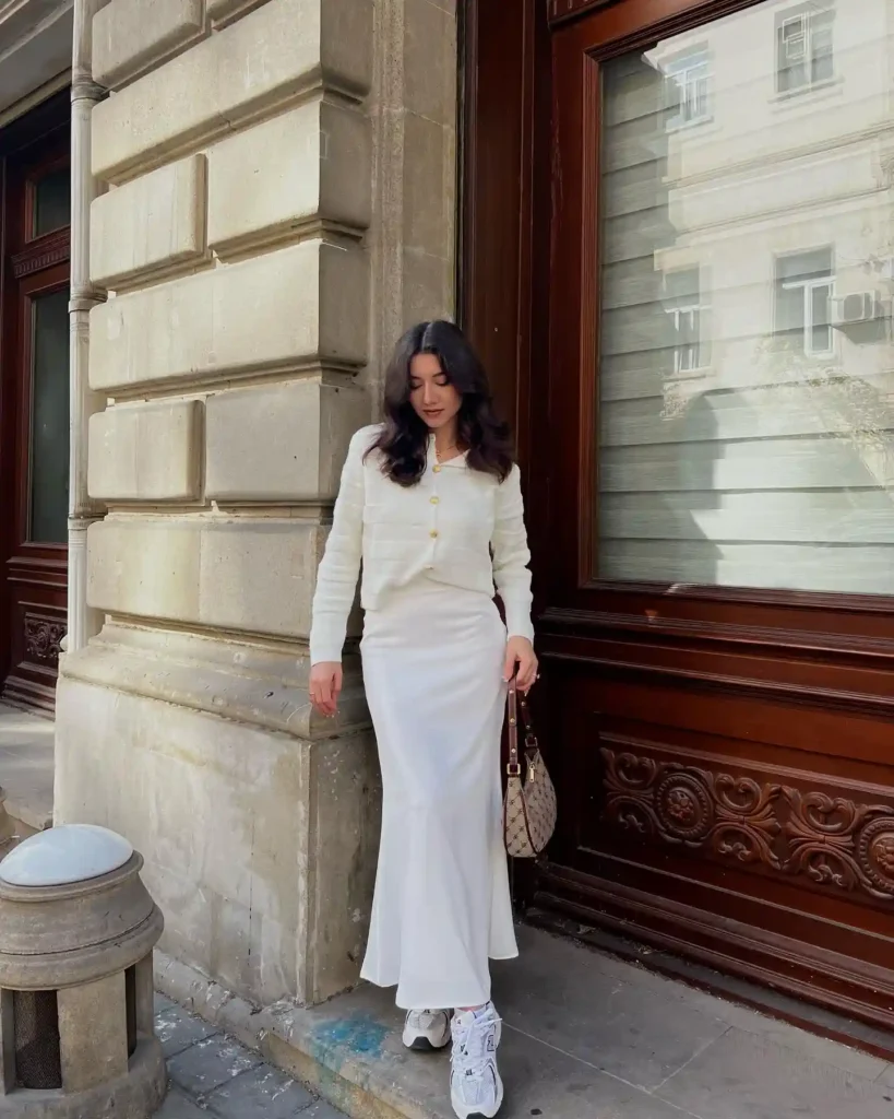 White Maxi Skirt with Cardigan and Sneakers Outfit