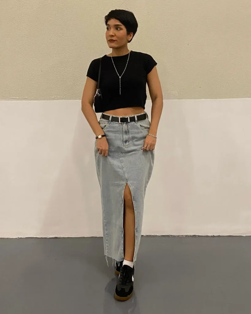 Black Crop Top with Denim Midi Skirt and Sneakers Outfit