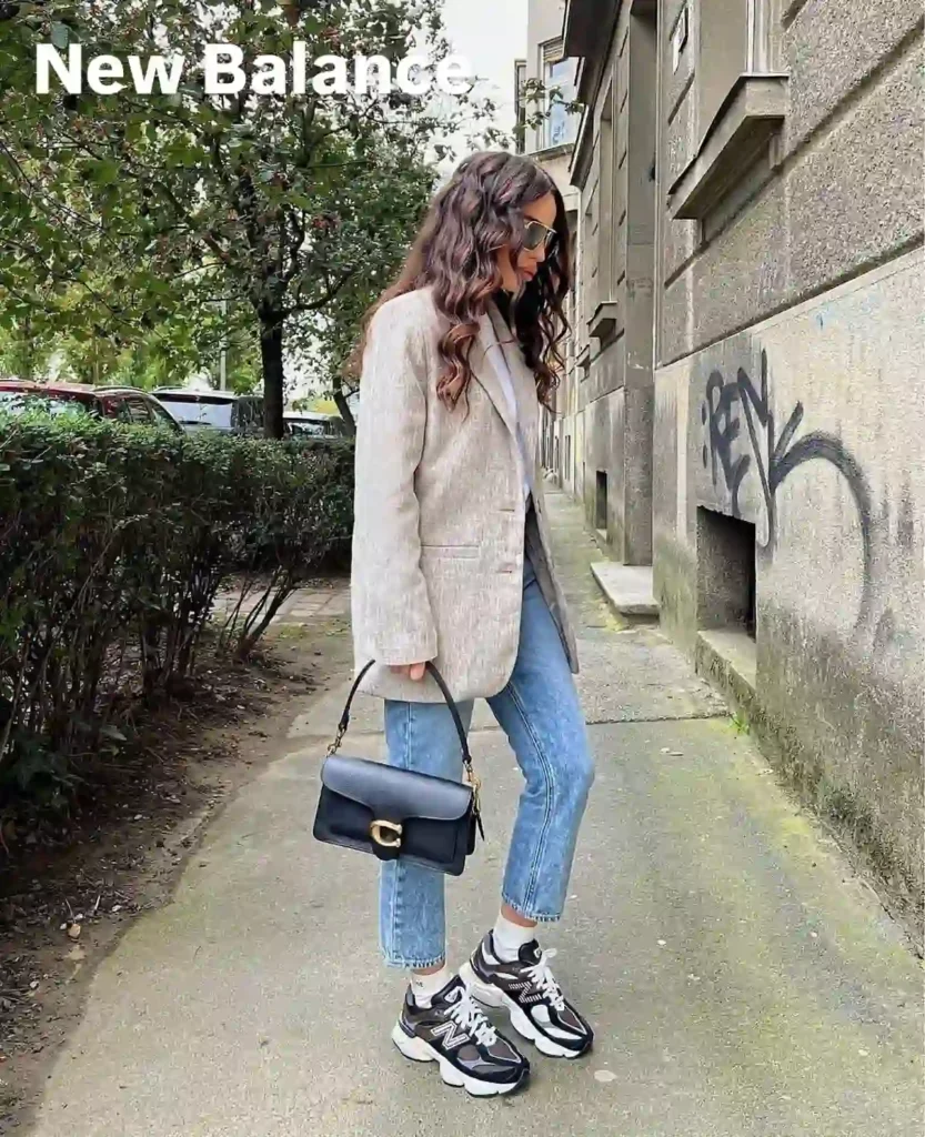 Oversized Blazer and Cropped Jeans with New Balance 9060 Office Outfit