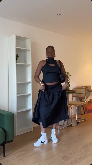 Black Midi Skirt and Tank Top with Sneakers