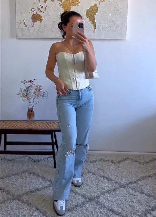 Corset Top with Light Wash Jeans Adidas Samba Summer Outfit
