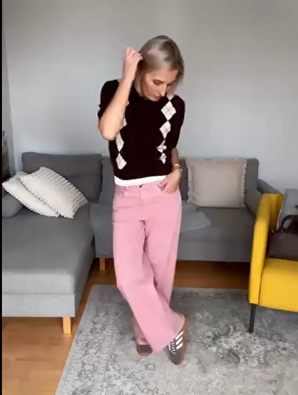 Argyle Knit Top with Pink Jeans and Brown Adidas Spezial