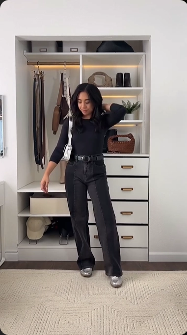 Sleek Monochrome Style with Silver Sambas and Dark Denim
