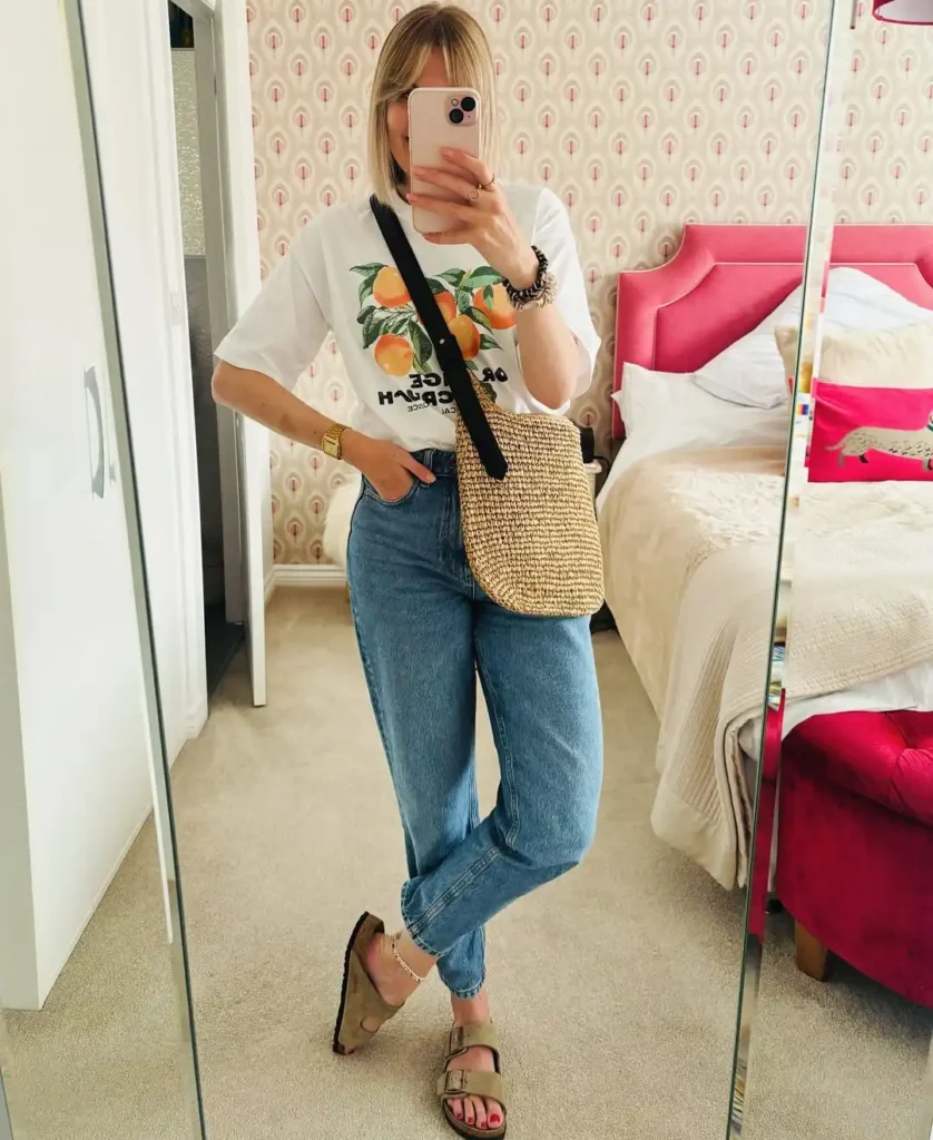 Graphic Tee with Straight Jeans and Birkenstock Arizona Outfit