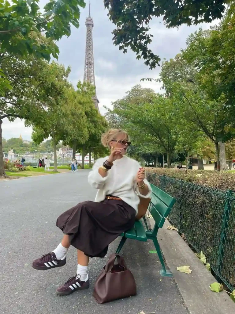 Soft Sweater with Midi Skirt and Brown Adidas Spezial