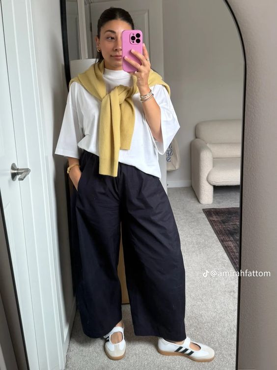Layered Tee with Wide Pants and Adidas Samba Jane Outfit