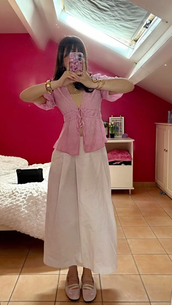 Striped Blouse with Flowing Skirt and Nude Puma Ballet Flats Outfit