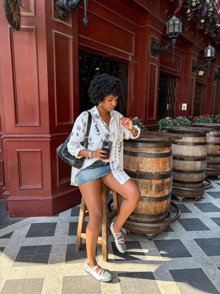 Printed Shirt with Denim Mini Skirt and Silver Puma Ballet Flats Outfit