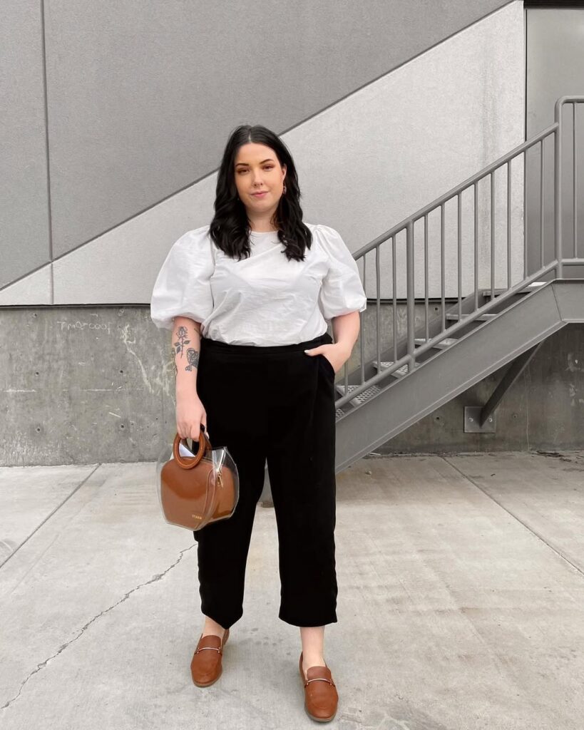 Brown Loafers with Puff Sleeve Top and Cropped Trousers Office Outfit