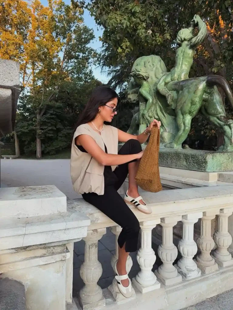 Neutral Vest with Slim Black Pants and Adidas Samba Jane Outfit