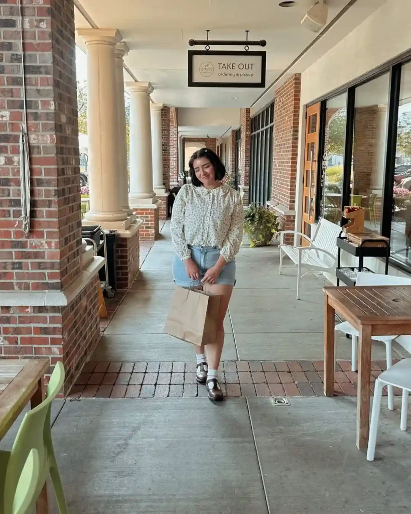 Floral Blouse with Denim Mini Skirt and Brown Mary Jane Shoes