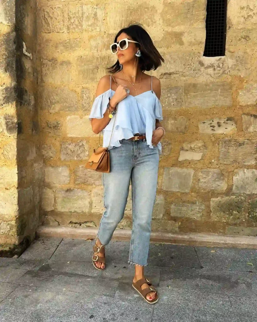 Off-Shoulder Top with Straight Jeans and Birkenstock Arizona Outfit