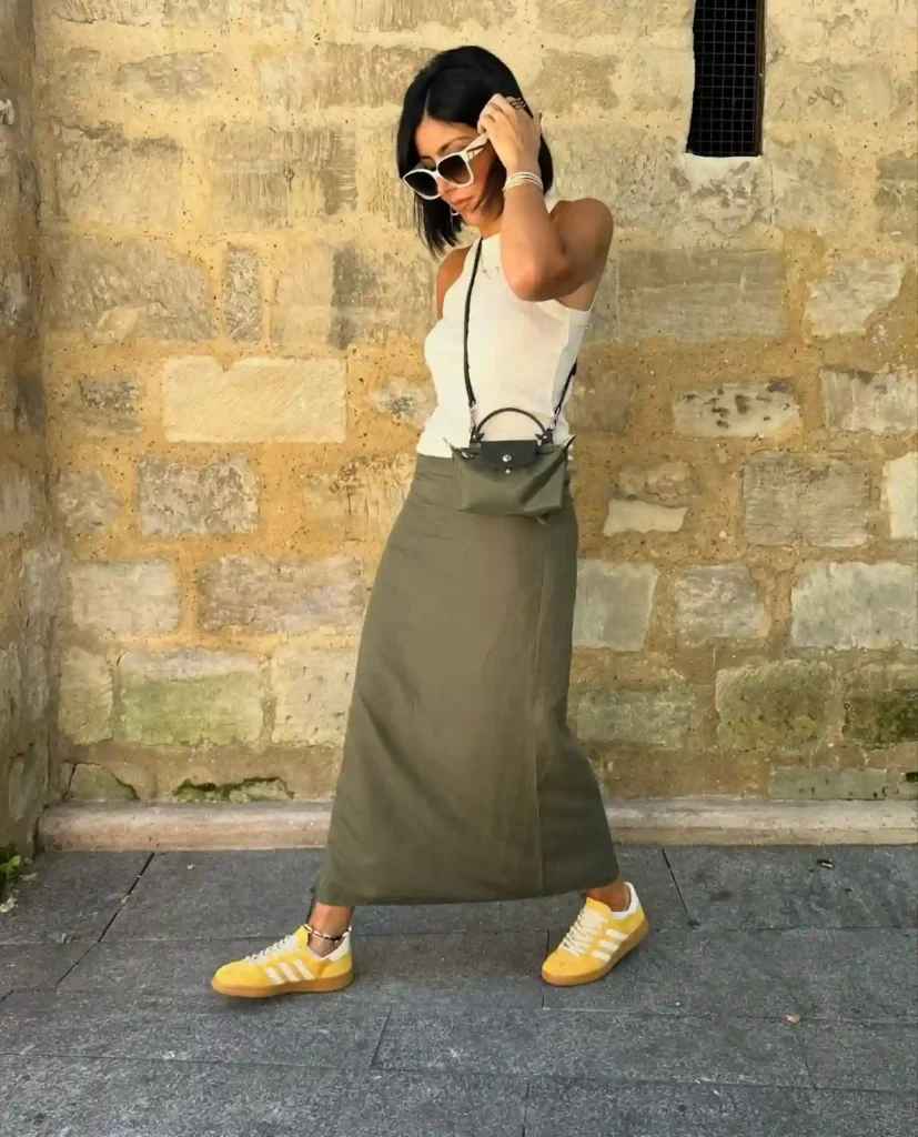 Olive Maxi Skirt with Fitted Tank Adidas Samba Summer Outfit