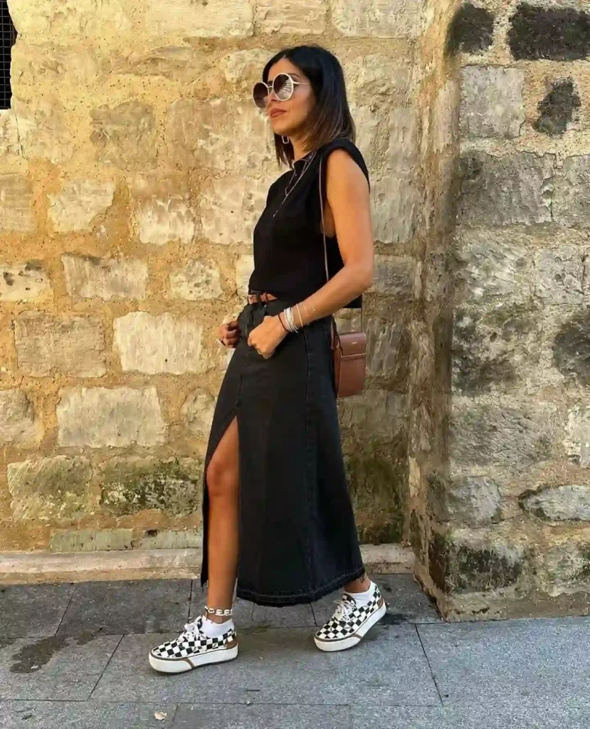 Black Sleeveless Top with Denim Midi Skirt Summer Office Outfit