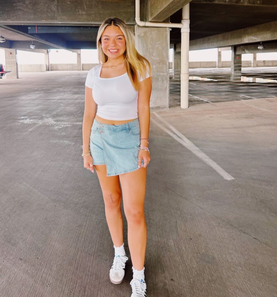 Cropped White Tee with Denim Mini Skirt Adidas Samba Summer Outfit